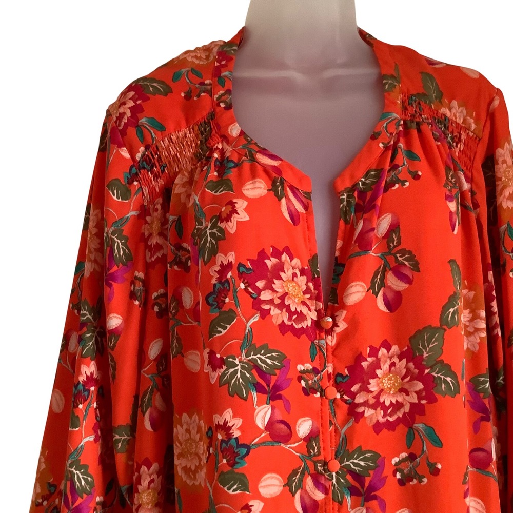 Rose + Olive Orange Floral Smocked Tunic Blouse Button Front Plus Size 3X